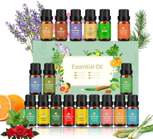 Aceites Esenciales para Humidificador 18 x 10ml, Set de Aceites Esenciales para Difusor, óleo Essencial Lavanda Ylang-Ylang Árbol del Té Eucalipto Incienso etc. Essential Oils for Diffusers for Home
