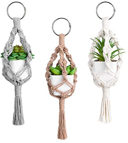 Navaris 3X Mini Makramee Pflanzenaufhänger Set - Kunst-Pflanzen Blumentopf Halterung Deko Hängeampel Blumenampel Auto Anhänger - in versch. Farben