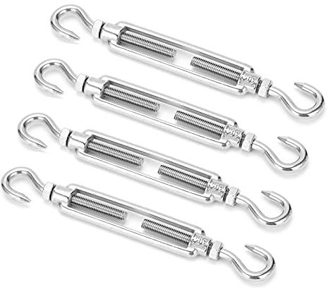 Turnbuckle, 4Pcs M6 Hook and Hook C to C Turnbuckle 100kg Safe Load Stainless Steel Turn Buckle Hardware Kit for Wire Rope Tension, Shade Sail Hardware, Sun Shade Tent Installation