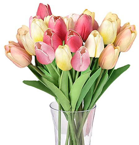 Künstliche Tulpen, Blumen, echte Haptik, Seide, Rosa, Gelb, Tulpen, Blumenarrangement, Blumensträuße für Hochzeit, Zuhause, Büro, Party, Bankett, Dekoration (5 Farben)