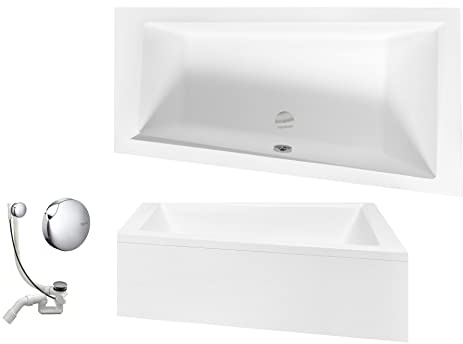 VBChome Badewanne 160x90 cm Acryl SET Schürze Siphon Wanne Ecke Eckbadewanne Weiß Design Modern Ablaufgarnitur Wanne rechts Schürze Ablaufgarnitur Füße