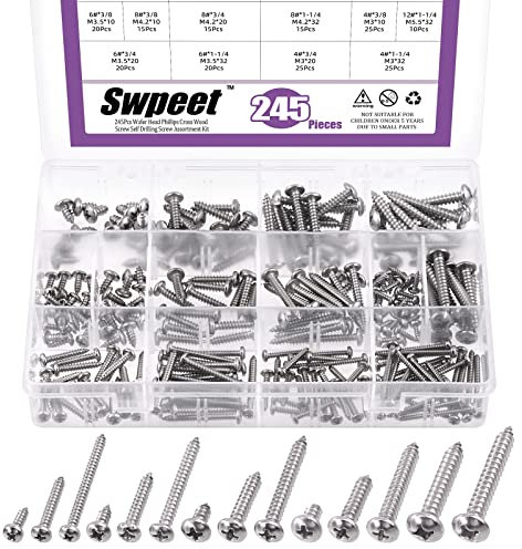 Swpeet 245Pcs 14 Sizes #4#6#8#10#12 304 Stainless Steel Pan Head & Round Head Self Tapping Screws Assortment Kit, Drywall & Sheet Metal Screws
