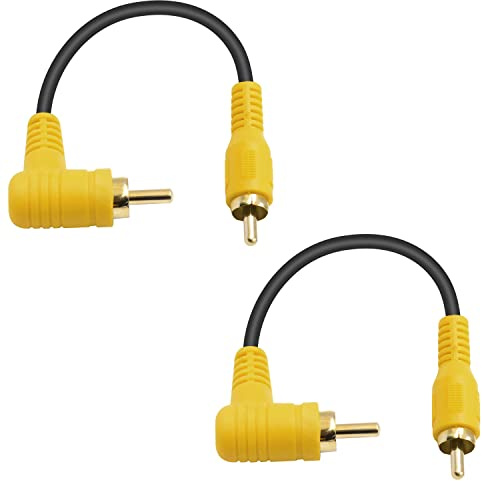Duttek 90 Degree RCA Video Extension Cable - 6in/15cm, Right Angle RCA Male to Male, 2 Pack with 24K Gold-Plated Connectors for Amplifiers, Home Theater and DVD