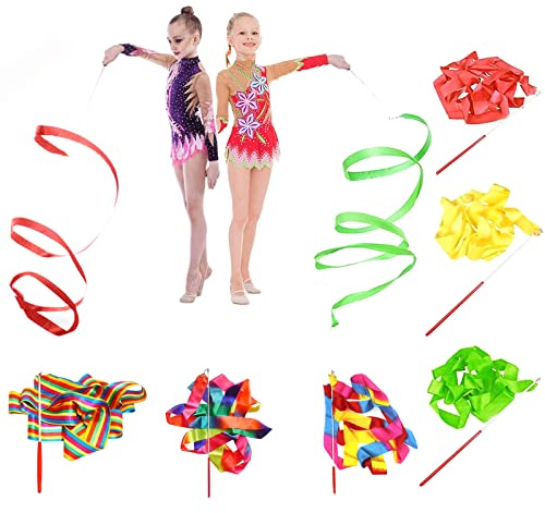 FLOTRUTE 6 Pezzi Nastri di Ballo 2 Meter Danza Nastri Nastro per Ginnastica Ritmica Bacchetta con Impugnatura Antiscivolo per Bambino Danza Artistica