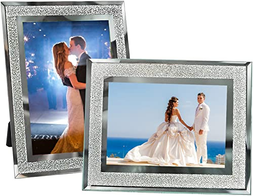 Glass Photo Frames 10x8 Set of 2, Crushed Diamond Sparkly Picture Frames, Silver Mirror Photo Frames for Wedding, Home Decor, Tabletop Display