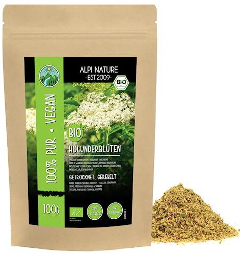 Alpi Nature Fleur de Sureau Tisane BIO 100g, Fleurs de Sureau bio Séchées et Frottées, Thé en Vrac