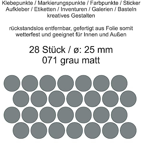 Aufkleber Etiketten Klebepunkte aus Folie 28 Stück grau matt rund 25 mm selbstklebend farbig wetterfest Decal Markierungen Organisieren DIY basteln verzieren Modellbau Scrapbooking