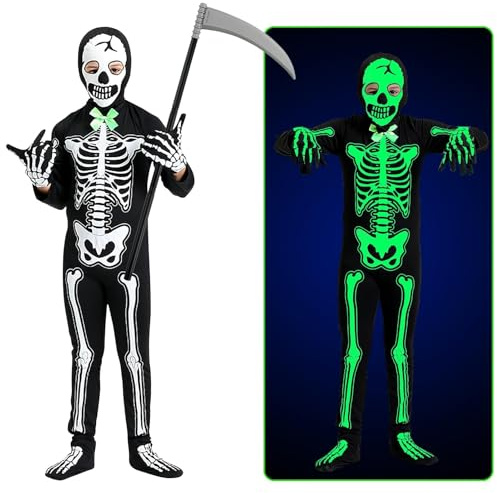 Costume da Mietitore di Anime per Halloween, Costume da Scheletro, Costume da Zombie Luminoso con Falce e Guanti (M), Solo per età pari o superiore a 15 anni