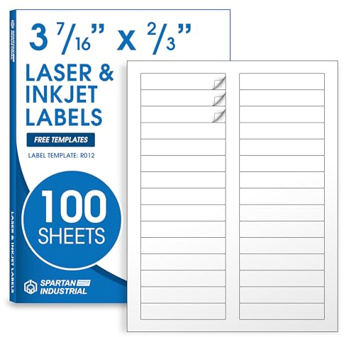 3 7/16 X 2/3 Matte White Printable Labels (100 Sheets, 3000 Stickers) File Folder, Address, Mailing Labels for Laser & Inkjet Printers - Spartan Industrial Template R012