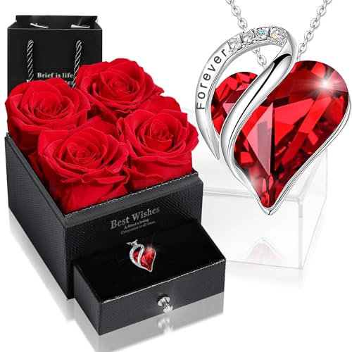 sopalmy Ewige Rose Box mit Herz Halskette, Upgrade Geschenke für Frauen mit Ewige Echte Rosen & Herz Halskette aus 925 Sterlingsilber Schmuck Rosenbox für Geburtstag Valentinstag