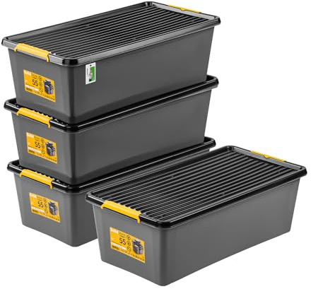 PAFEN 4x Robuster Aufbewahrungsbox 55L mit Rollen - 76 x 39 x 25 cm - Behälter für besondere Aufgaben Aufbewahrungsbehälter Boxen Aufbewahrung Stapelboxen mit Verschlussclips Kunststoffbehälter