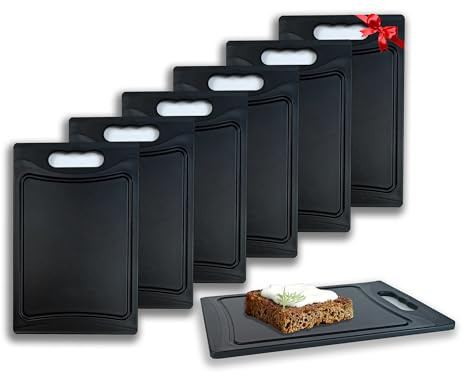 KPYTO rechteckige Frühstücksbrettchen 6er Set + 1 Brettchen, 25 x 16,5 cm, Schneidebrett Set, beidseitig, rutschfest mit Saftrille, schwarze Brettchen, Brotzeitbrett