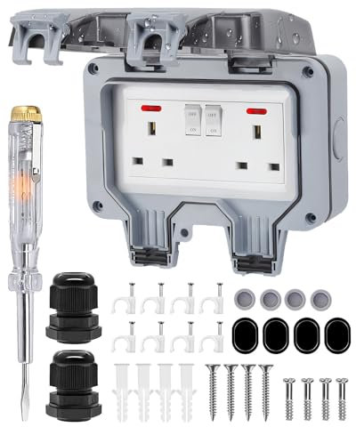 Outdoor Socket, IP66 Rated Outdoor Plug Sockets Waterproof, Double Weatherproof Switched Power Socket, Courtyard Sockets 13 Amp, 2 Gang Storm Switched Outside Power Socket with Indicator Light