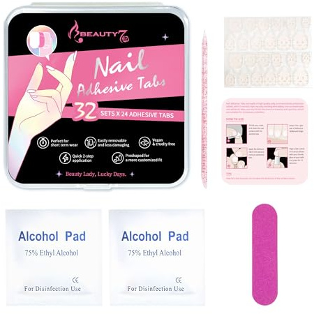 32 Hojas 768 Piezas Doble Cara Uñas Pegatinas, Press On Uñas Pegamento, 12 Diferentes Tamaños Impermeable Uñas Postizas Autoadhesivas Adhesivo Transparentes, Cinta de Gel para Uñas Postizas