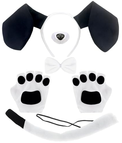 XNIVUIS 5 stycken svart och vit valp hundkostym set, hundöron pannband handskar fluga näsa svans, för barn halloween rollspel halloween (5 stycken)