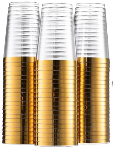 DECORLINE Bicchieri di plastica riutilizzabili Set da 50 pezzi 280 ml | Bicchieri infrangibili, senza BPA | Ideale per cocktail, acqua, vino rosso e vino bianco - Trasparente con bordo Dorato