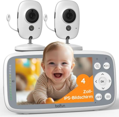 BOIFUN Babyphone mit 2 Kameras, Ohne WLAN, 4 Zoll 720P Monitor, Nachtsicht | Schallerkennung, Einfach zu bedienen, 2 Wege Audio, Temperaturerkennung, 3X Zoom, Schlaflieder, Babyphone mit 2 Kameras