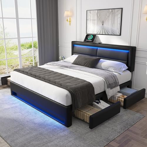 Polsterbett 160x200, LED Doppelbett mit 4 Schubladen Stauraum und Lattenrost, Kopfteil mit Kabelloses Ladegerät & USB-Ladefunktion,Funktionsbett Rückenlehne Bettgestell,ohne Matratze,PU-Leder,Schwarz