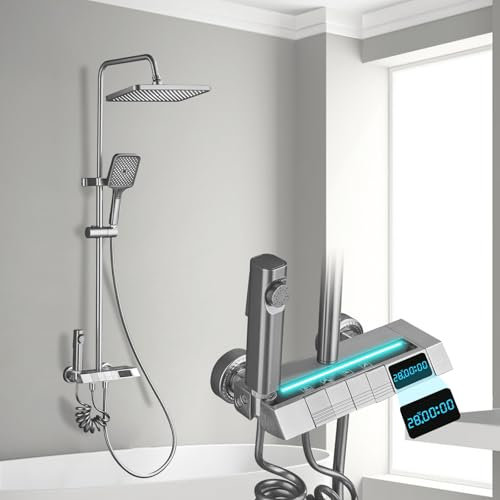 Julymoda Colonna Doccia con Miscelatore Alluminio Display Digitale Kit Doccia Idromassaggio con Soffione 30×20cm e Doccetta Tasti di Pianoforte 4 Funzioni Cascata Doccetta Altezza Regolabile (Argento)