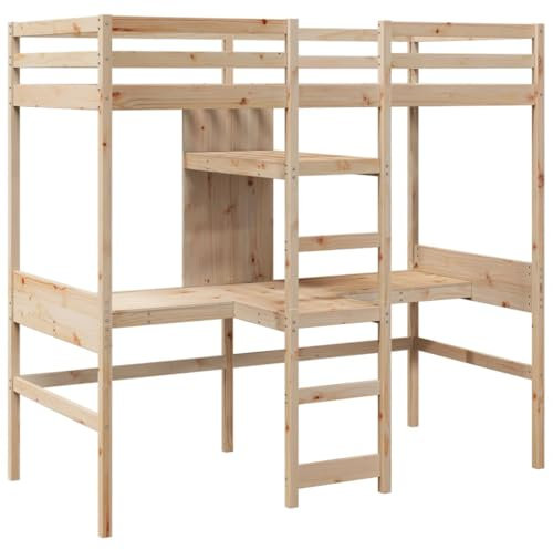 vidaXL Hochbett, Holzbett mit Schreibtisch Ablagen, Bettgestell mit Lattenrost Rausfallschutz, Bett für Kinder Jugendliche Erwachsene, 90x200cm Massivholz Kiefer