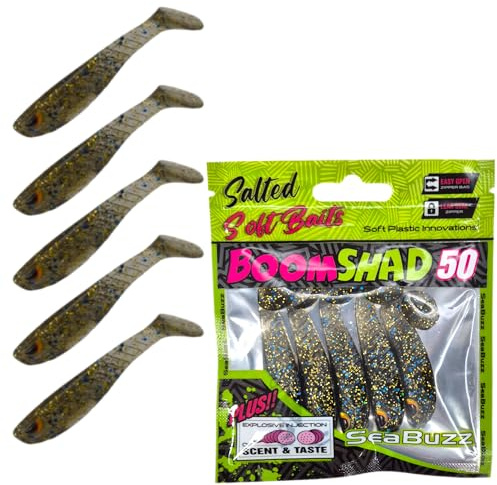 SEABUZZ Gummifische Angelköder Set 5 STK x 50mm - Gummiköder für Hecht | Wels Zander - Forelle & Barsch Kunstköder - Raubfisch Angelnset - Süß- Salzwasser Angelausrüstung