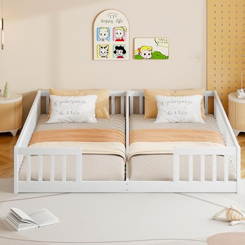 Kindebett Bodenbett 90x200 cm für 2 Kinder mit rausfallschutz & Lattenrost, Einzelbetten 2-in-1, Holz Geschwister Bett, Massivholz Bodentief, Montessori Gitterbett (Weiß inkl Lattenrost, 90x200)