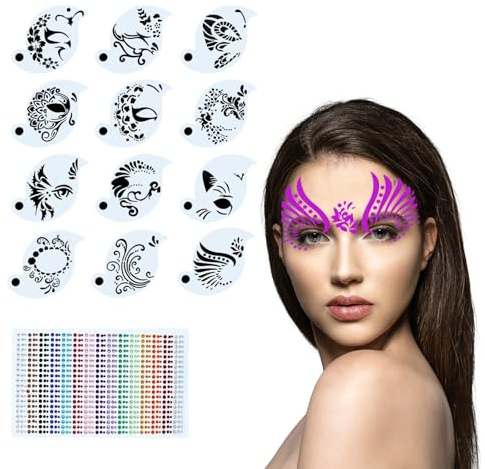 Calkkrer 12 Stück Selbstklebend Tattoo Schablonen Für Gesicht, Schablonen Für Karneval Schminke, Kinder Schablonen Für Gesichtsmalerei, Ostern Tattoo Pochoir