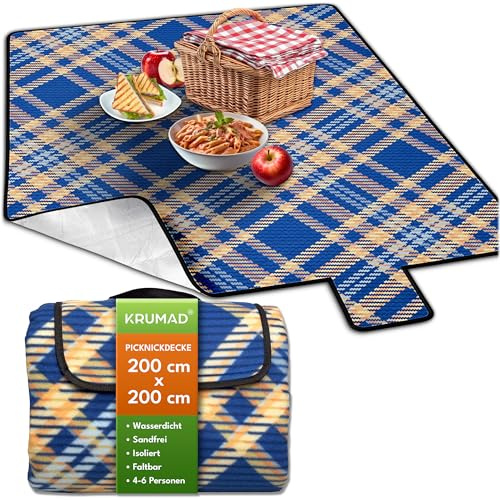 KRUMAD Coperta per picnic impermeabile, XXL 200x200 cm, coperta da esterno imbottita, senza sabbia, coperta da campeggio per spiaggia, giardino e parco, pieghevole con maniglia, leggera e comoda (Blu