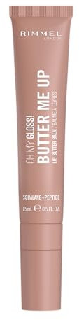Rimmel London Oh My Gloss Butter Me Up Lip Butter Balm 002 Latte Delight, Balsamo labbra idratante, Balsamo labbra colorato, Cura delle labbra, Idratazione, Nutriente, Squalano, 15 ml