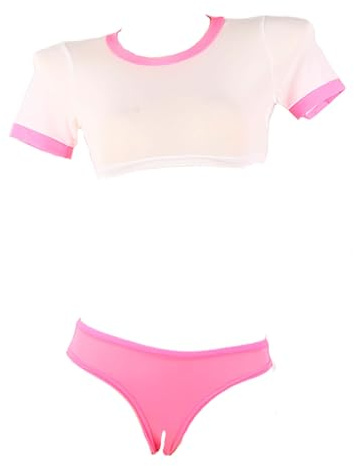 Damen Japanisch Cosplay Dessous 2 Stück Crop Top und Crotchless Tanga Set