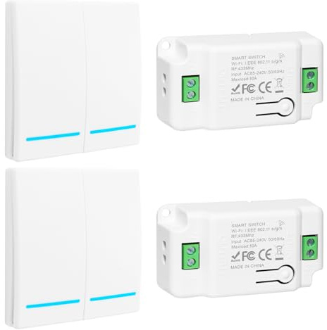 230V Lichtschalter Set, RF 433Mhz Funk Lichtschalter, Funkschalter 230v mit Empfänger Reichweite von 100M, Funk-Sender-Sicherheitsschalter und Empfänger-Controller 10A(2 weiß Schalter und 2 Empfänger)