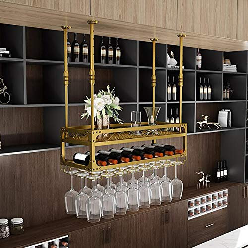 Soporte industrial para copas de vino de metal de 2 capas para colgar en la pared con barra de techo ajustable y estante