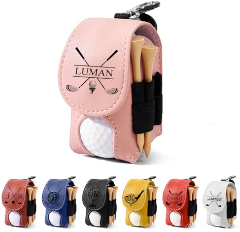 Relosy Personalisierte Golfball-Tasche mit individuellem Namen und Logo, robustes Leder, Kapazität von 2 Ball-Tees, Halter mit Gürtelclip, Geschenk für Golfer, Herren, Damen, tragbares Zubehör