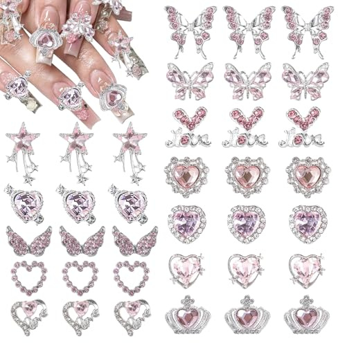 CharmeFleur 36 Pièces Charms Ongles Y2K, avec Cœurs, Papillons, Noeuds et Étoiles, idéal pour une manucure créative et tendance Charms Ongles Argent