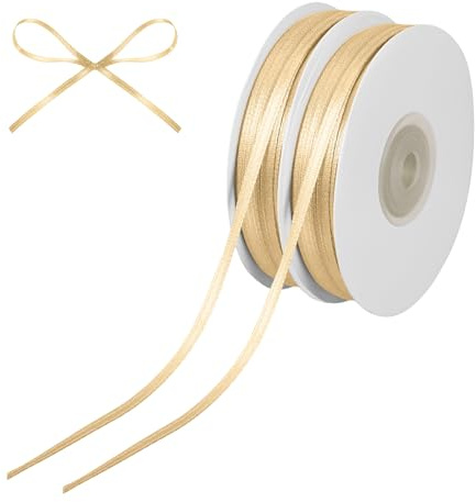 2 Rollen Satinband Gold, 91m X 3mm Geschenkband, Schleifenband Gold, Deko Band, für Hochzeit, Geburtstag, Taufe, Weihnachten Geschenkverpackungen und Basteldekoration