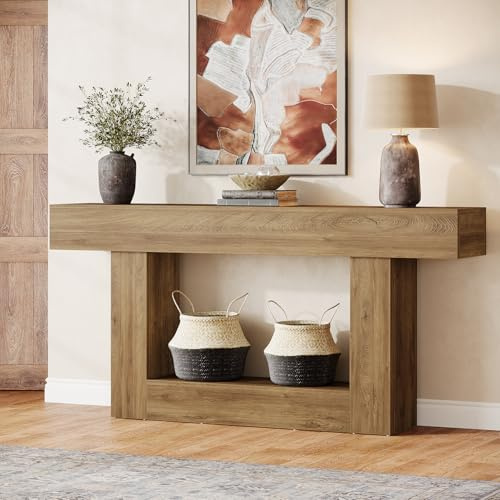 Tribesigns Table Console, 160 cm Table d'entrée, 2 Niveaux Table de canapé en Bois de Ferme avec Rangement pour Entrée, Chambre, Salon, Couloir (Marron Clair)
