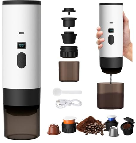 OWJHE 3 In 1 Macchina da Caffè Portatile, Macchina da Caffè Portatile, Grandi/Piccole Capsule/Caffè in Polvere, Riscaldamento Rapido 8-10min, Ricaricabile 12V, Per Casa, Ufficio, Campeggio, Viaggio