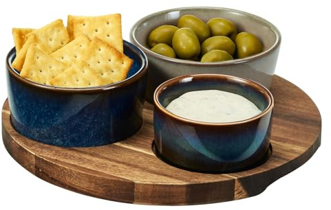 Murago - Tierra Dip-Schalen Set aus Keramik mit Akazienholztablett - 3-teiliges Servier Brett Platte Tapas Oliven Snack für Vorspeisen Partys & Buffets