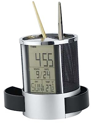 OSALADI Multifunctional Digital Pen Holder with Electronic Clock Calendar Temperature Display and Countdown Metal Mesh Organizer for Office and Home Desk Storage