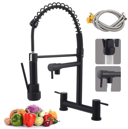 Kitchen Mixer Taps, Sink Kitchen Bridge Mixer Taps 2 Hole, 360° Swivel Dual Levers Faucet with 2 Spray Modes, Easy Install, Hot and Cold Mixer Tap (UK 180mm Centre) (Black)