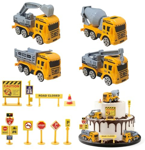 13PCS Decoracion Tarta Construcción Sitio, Excavadora Cumpleaños Pastel Topper Obra Fiesta Adornos Vehículo Ingeniería Señales Tráfico Tartas Magdalenas Cake Decoracion para Infantiles Niño