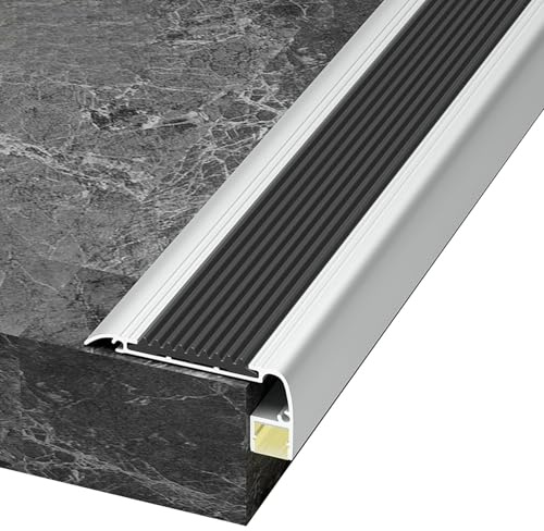 Profilo Paragradino Angolare in Alluminio da 100 cm Con canale LED, Profilo per Bordi per Scale a Forma di L da 58,5 mm x 24,3 mm per Pavimenti in Cemento e Legno(Argento)