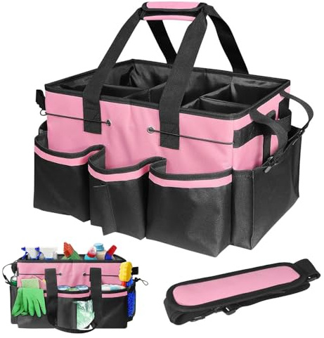 Hojalis Cleaning Caddy Bag with Handle, Large Cleaning Tote Bag Multi-Compartment with Detachable Divider, CleaningProducts Organiser, Adjustable CleaningProducts Caddy, for Home, Garden (Pink)