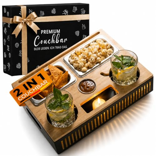 Couchbar Snackbox aus Bambus - Snackbar & Sofatablett inkl. Geschenkbox | 2-in-1 Couch Bar Organizer mit 2 Edelstahlschalen, Dip-Schale, Getränke- & Handyhalter – Geschenk für Männer & Frauen