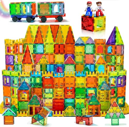 200pcs Magnetische Bausteine Spielzeug mit 2 Magnetfiguren und 2 Autos | Magnetbausteine für 3 4 5 6 7 Jahre kinder, Montessori Magneten Set Spielzeug Geschenk für Kinder ab 4-8 Jahre Junge Mädchen
