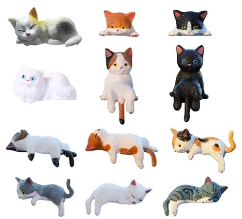 XIQIQI Mini-Katzenfiguren 12 Stück Miniatur Katze Figur Computer Monitor Dekoration Figur Computer Dekorationen Aus Kunstharz Bezaubernde Katzen-Autodekoration Für Armaturenbrett, Mittelkonsole