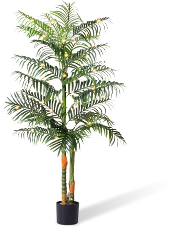 6FT Artificial Palm Tree Tall Plant with Planter & Moss, Realistic 2-Trunk Artificial Tree with Lights, Lifelike Leaves Fake Palm Tree, Low Maintenance Palm Tree Decor for Home Office Living Room