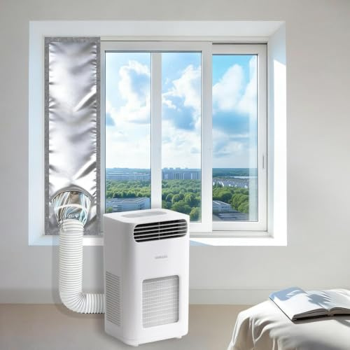 Aozzy 180CM kit fenetre pour clim mobile,argenté et tissu Oxford100%occultant antiUV et étanche,bloque le reflux d'air chaud,Joint de fenetre à hauteur réglable pour fenêtre coulissante horizont/vert