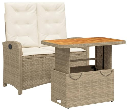 PUGYNBK 2-TLG. Garten-Essgruppe mit Kissen Beige Poly Rattan, verstellbare Tischplatte Esstisch, verstellbare Rückenlehne Gartensessel, Abnehmbarer und waschbarer Bezug für bequemes