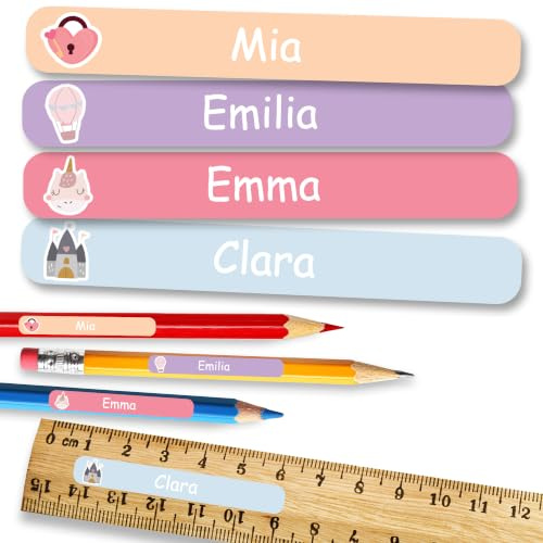 Personalisierte Namensaufkleber Schule 75 Stück – Rosa Motive | Namensaufkleber Kinder – Ablösbare, wasserfeste Sticker, selbstklebende Etiketten für Schulmaterial, Flaschen & Brotdosen
